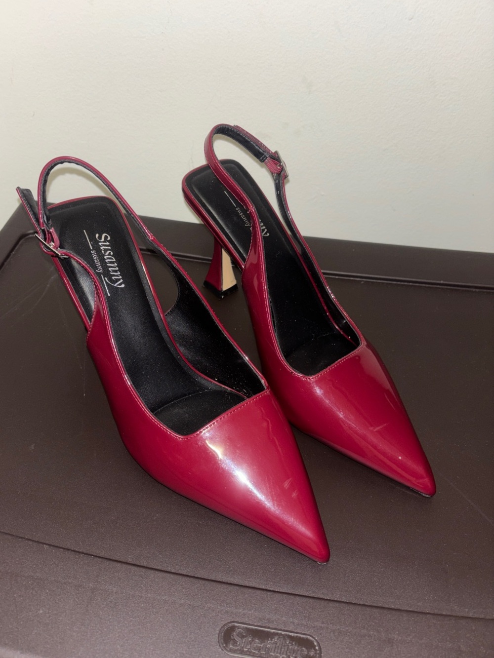 Slingback Pointed-Toe Patent Pumps in Berry Red